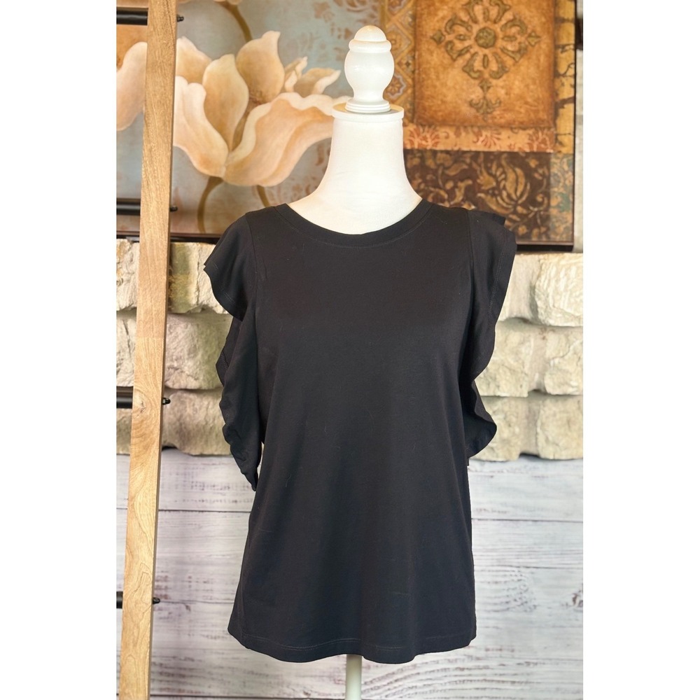 Loft‎ Black Sleeveless Ruffle Trim Modal Blend Knit Top Size S